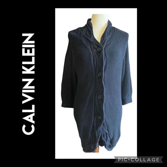 Calvin Klein Jeans Black Long Cardigan Knitted Button Up Size M - Picture 1 of 15